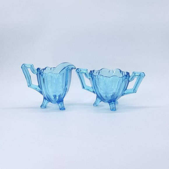 Rare Vintage Indiana Glass Colonial Etched Electric Blue 4" Cream & Sugar EPAG - Picture 3 of 6